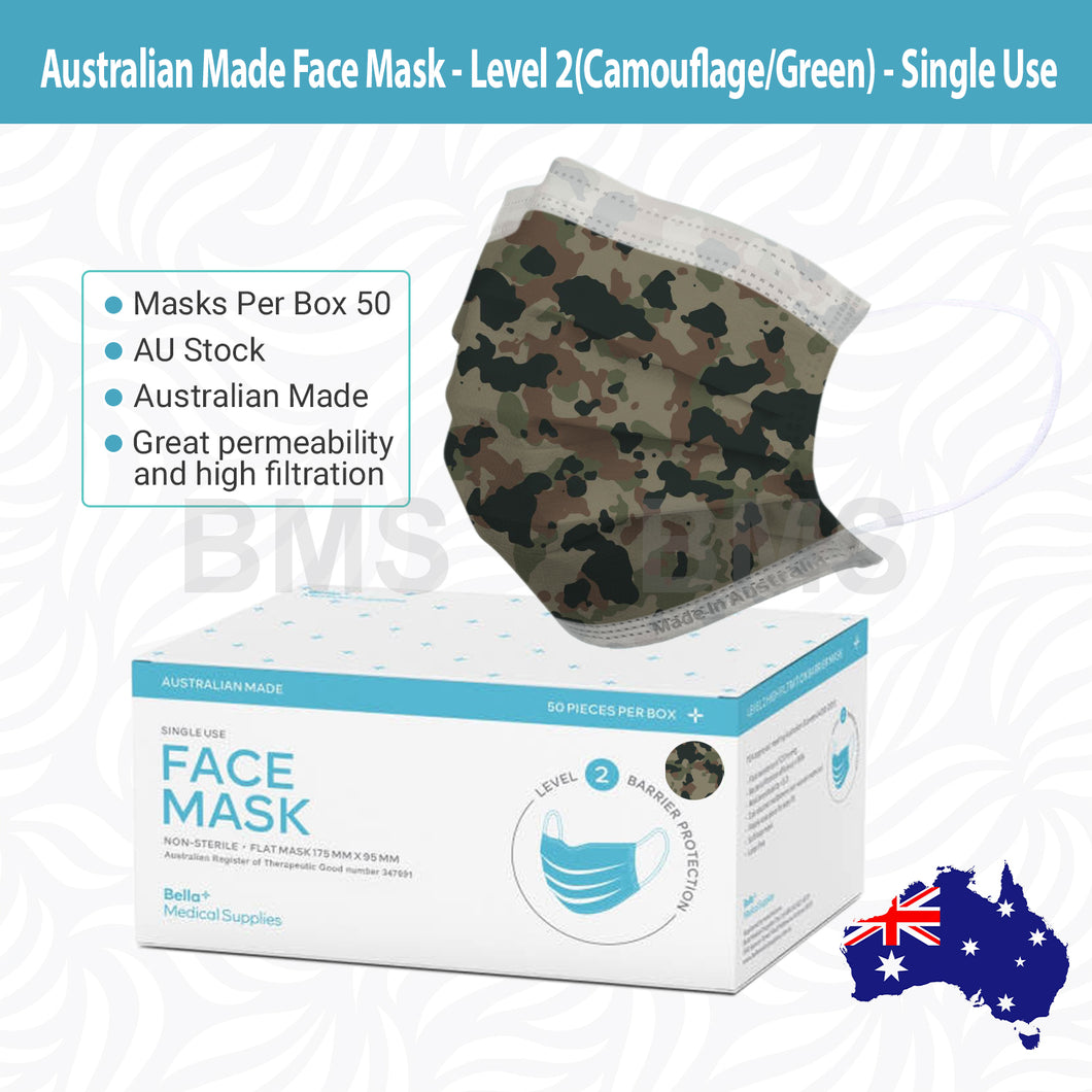 Dark Green Camouflage - Level 2 Single Use Face Mask 50 Masks Per Box