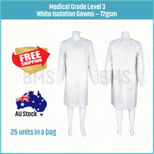 Load image into Gallery viewer, Medical Grade Level 3 White Isolation Gowns - 72gsm, 25 units per bag
