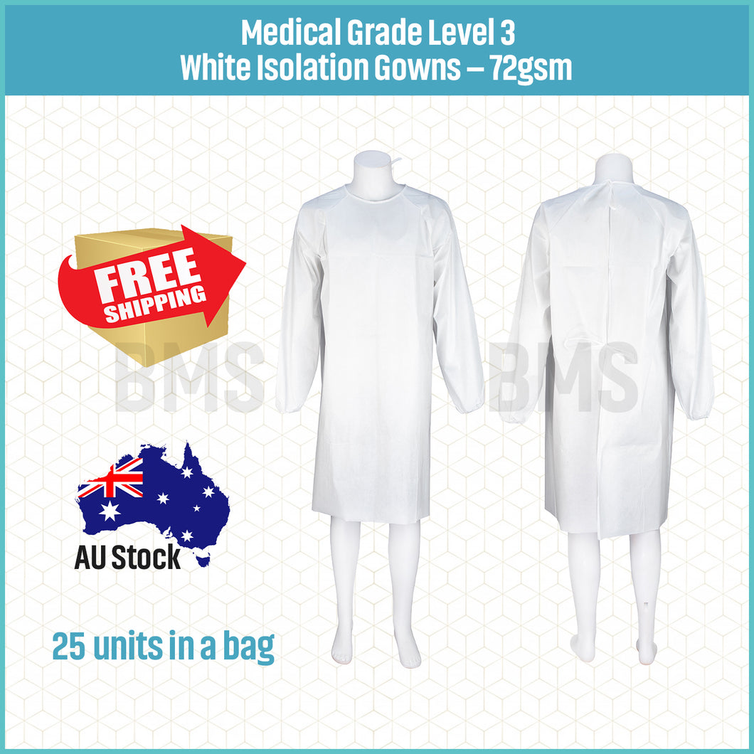 Medical Grade Level 3 White Isolation Gowns - 72gsm, 25 units per bag