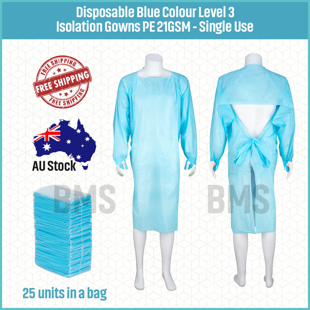 Disposable Level 3 Blue Isolation Gowns With Thumb Loop - PE 72gsm, 25 units per bag