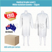 Load image into Gallery viewer, Medical Grade Level 3 White Isolation Gowns - 72gsm, 400 units per carton
