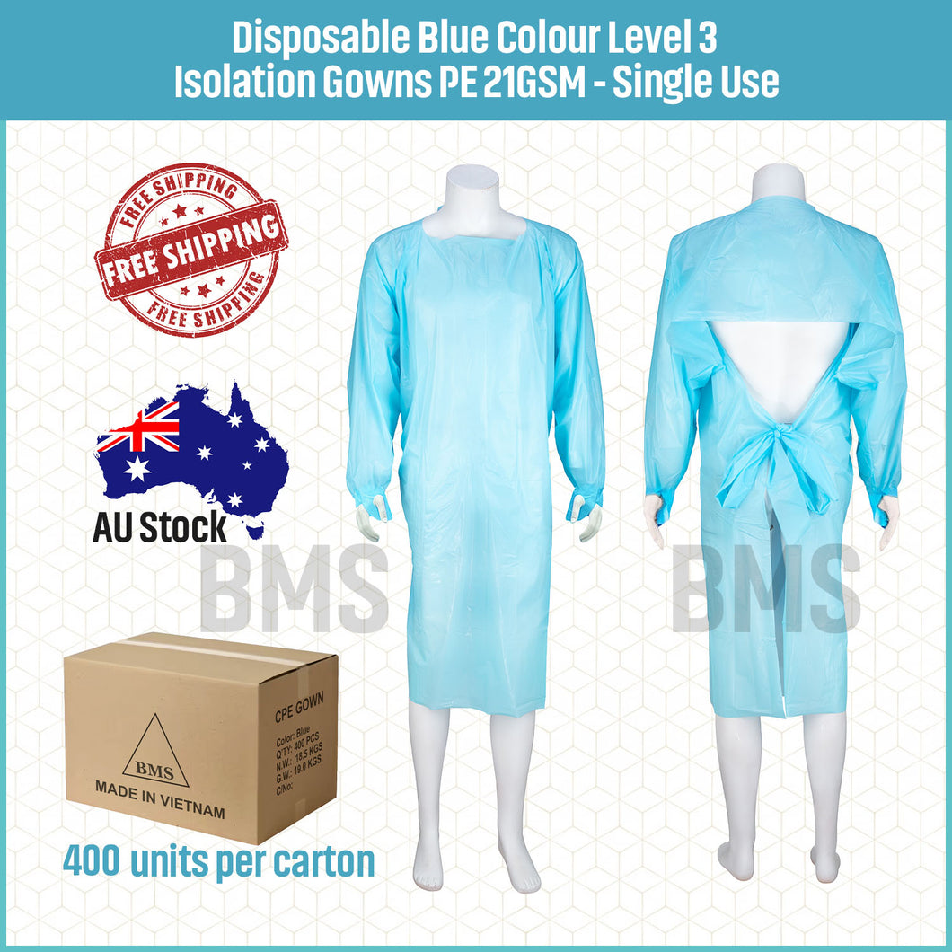 Disposable Level 3 Blue Isolation Gowns With Thumb Loop - PE 72gsm, 400 units per carton