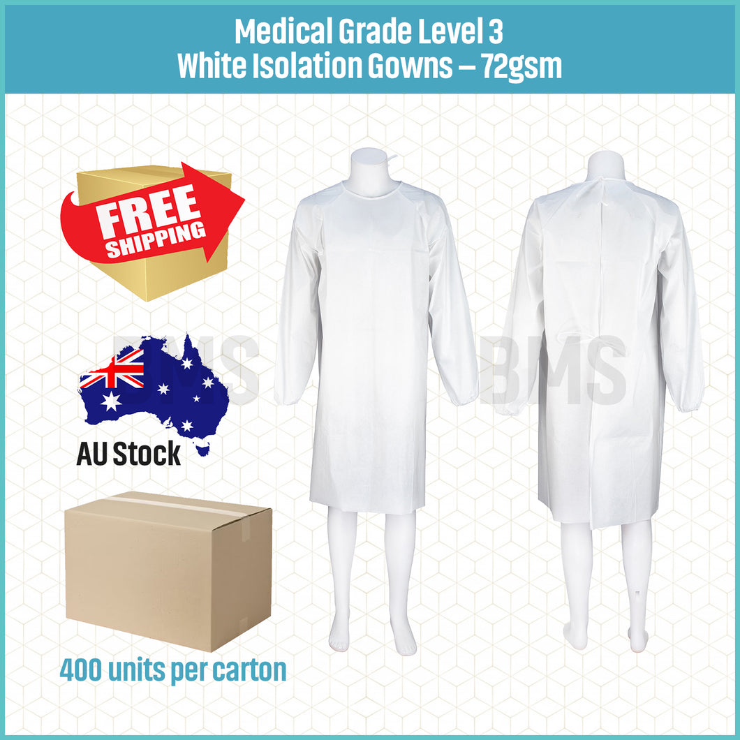 Medical Grade Level 3 White Isolation Gowns - 72gsm, 400 units per carton