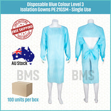 Load image into Gallery viewer, Disposable Level 3 Blue Isolation Gowns With Thumb Loop - PE 72gsm, 100 units per box
