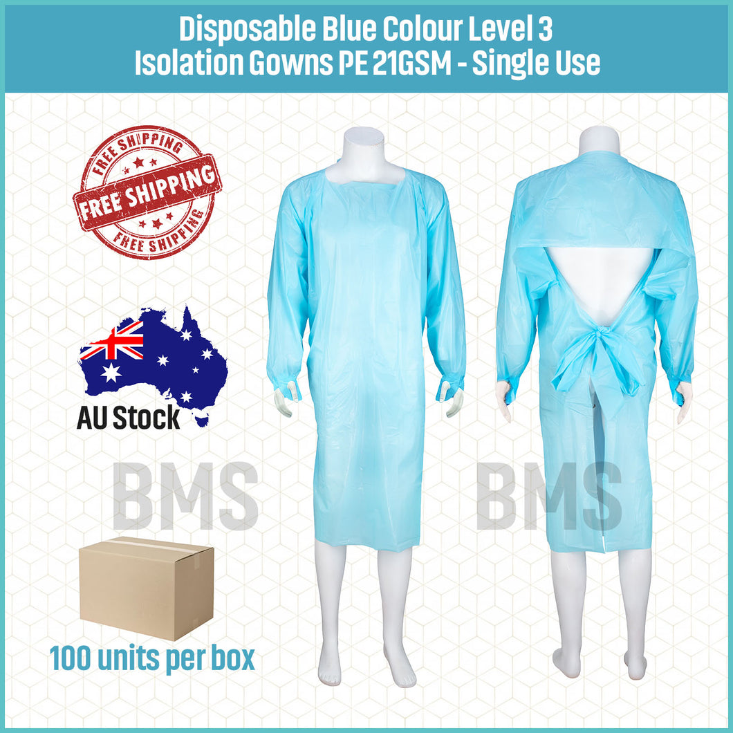 Disposable Level 3 Blue Isolation Gowns With Thumb Loop - PE 72gsm, 100 units per box