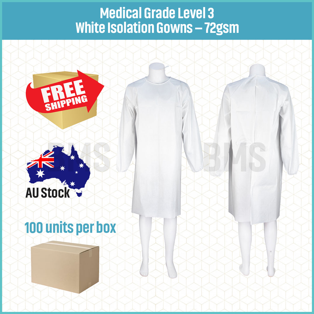 Medical Grade Level 3 White Isolation Gowns - 72gsm, 100 units per box