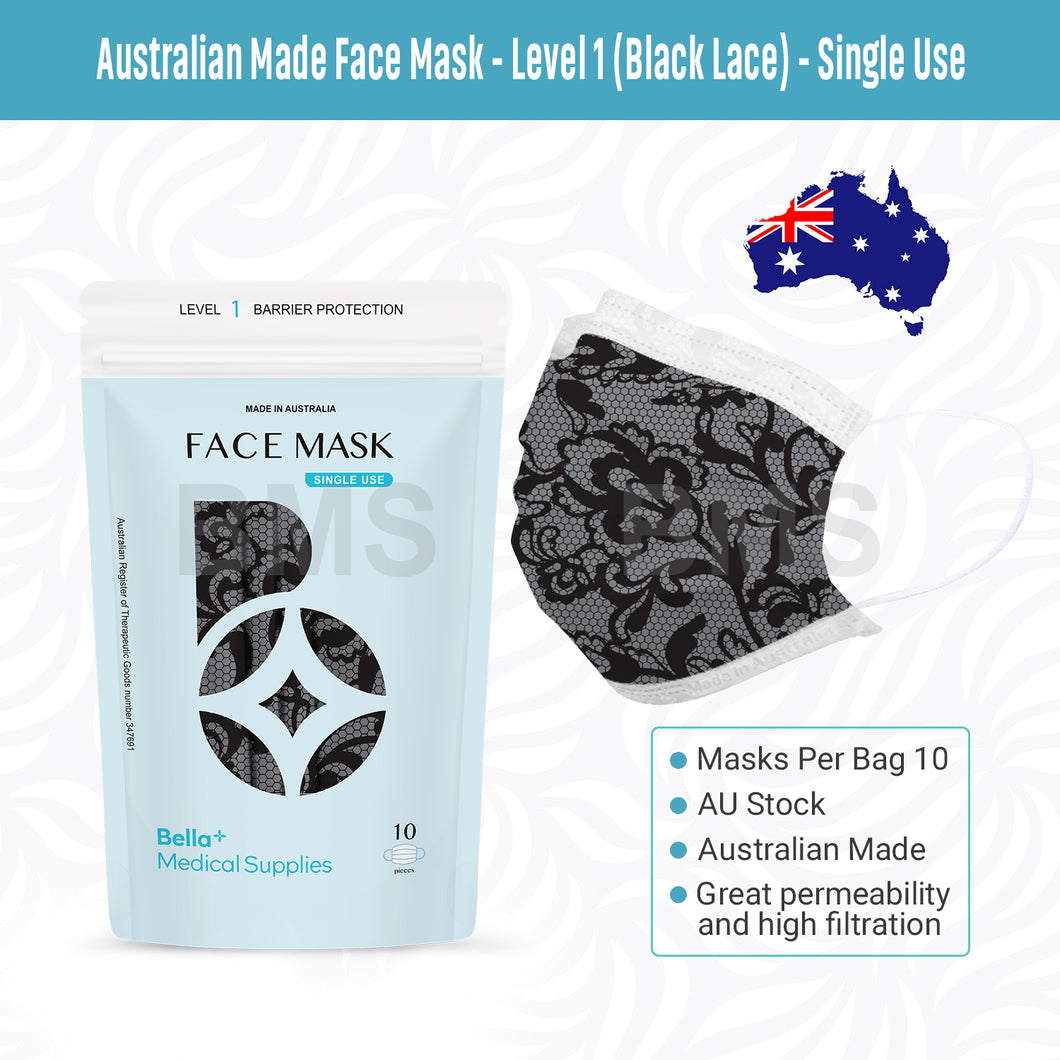 Black Lace - Level 1 Single Use Face Mask 10 Masks Per Bag