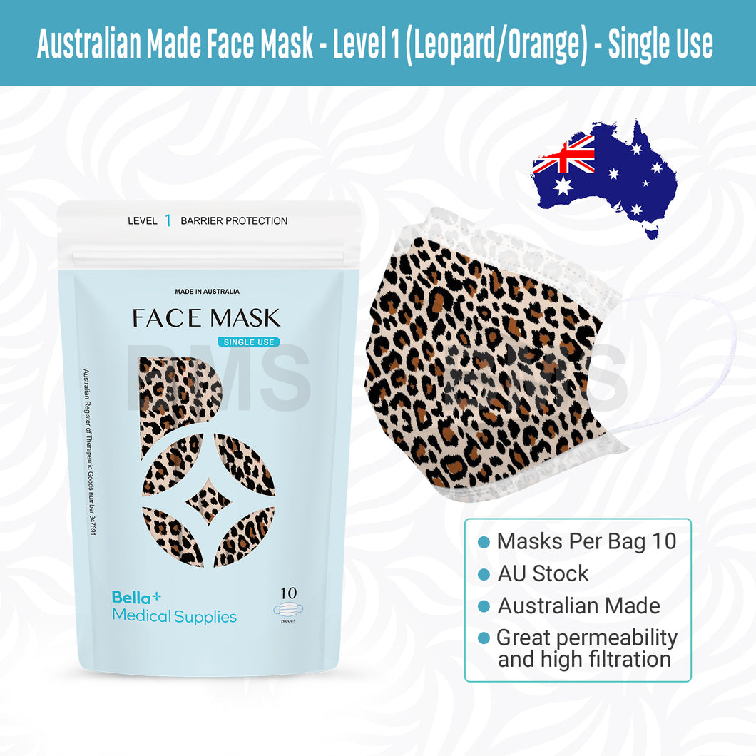 Orange Leopard - Level 1 Single Use Face Mask 10 Masks Per Bag