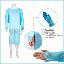 Load image into Gallery viewer, Disposable Level 3 Blue Isolation Gowns With Thumb Loop - PE 72gsm, 400 units per carton
