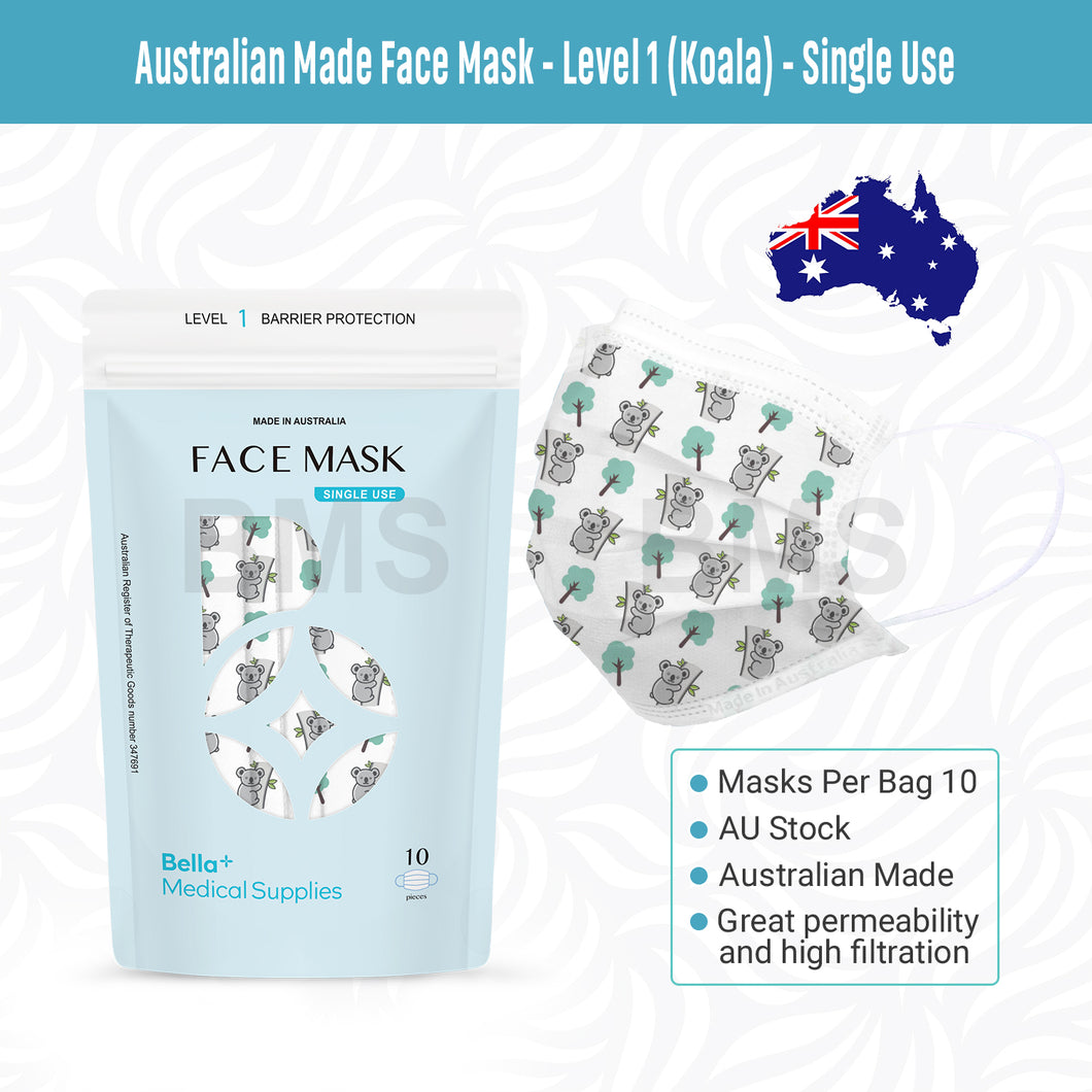 Koala Print - Level 1 Single Use Face Mask 10 Masks Per Bag