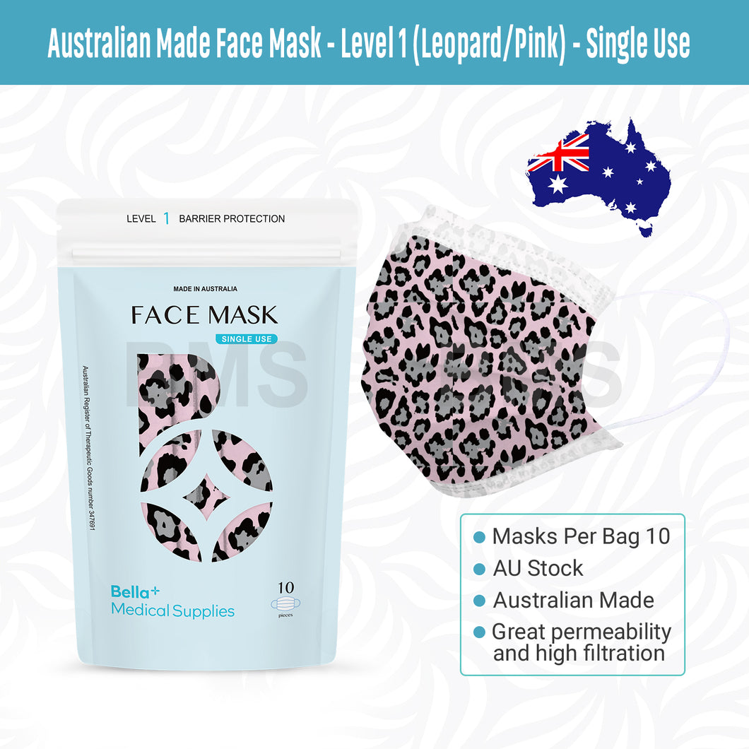 Pink Leopard - Level 1 Single Use Face Mask 10 Masks Per Bag