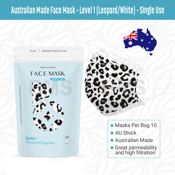 Black & White Leopard - Level 1 Single Use Face Mask 10 Masks Per Bag