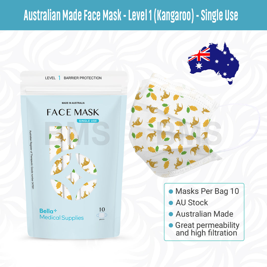 Kangaroo Print - Level 1 Single Use Face Mask 10 Masks Per Bag