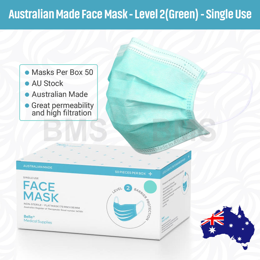 Green - Level 2 Single Use Face Mask 50 Masks Per Box