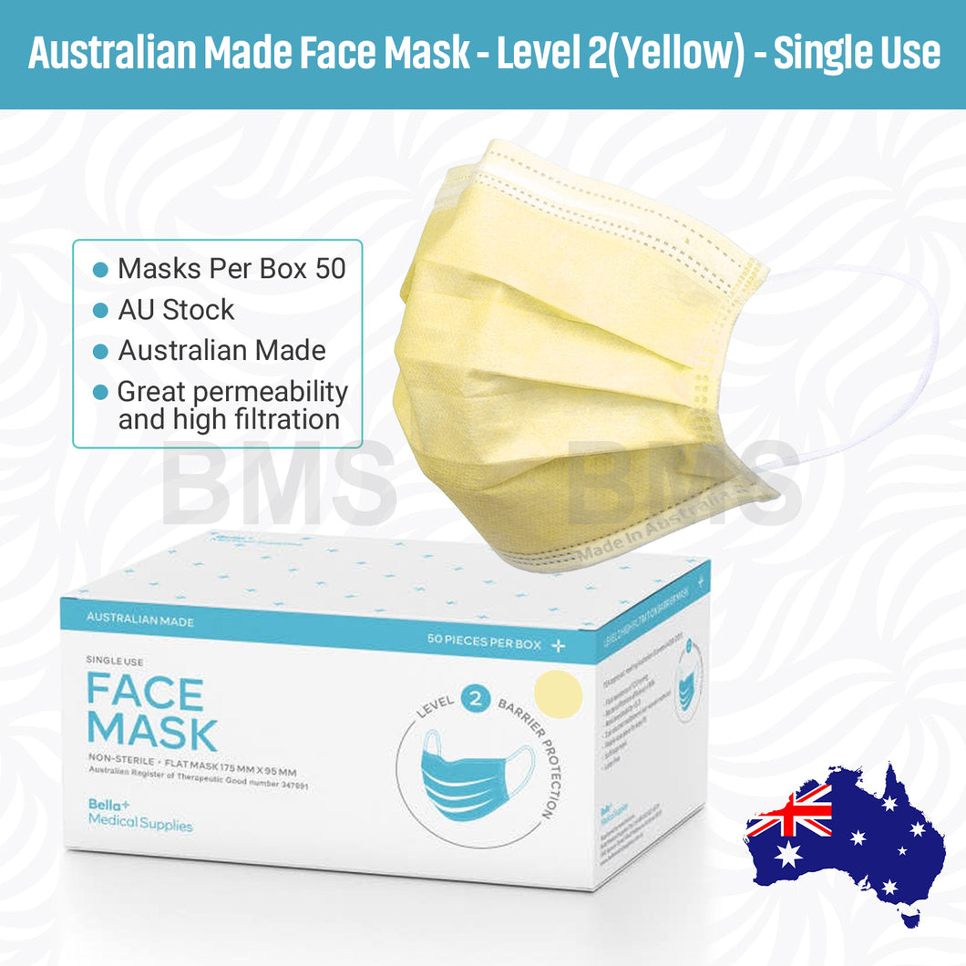 Yellow - Level 2 Single Use Face Mask 50 Masks Per Box