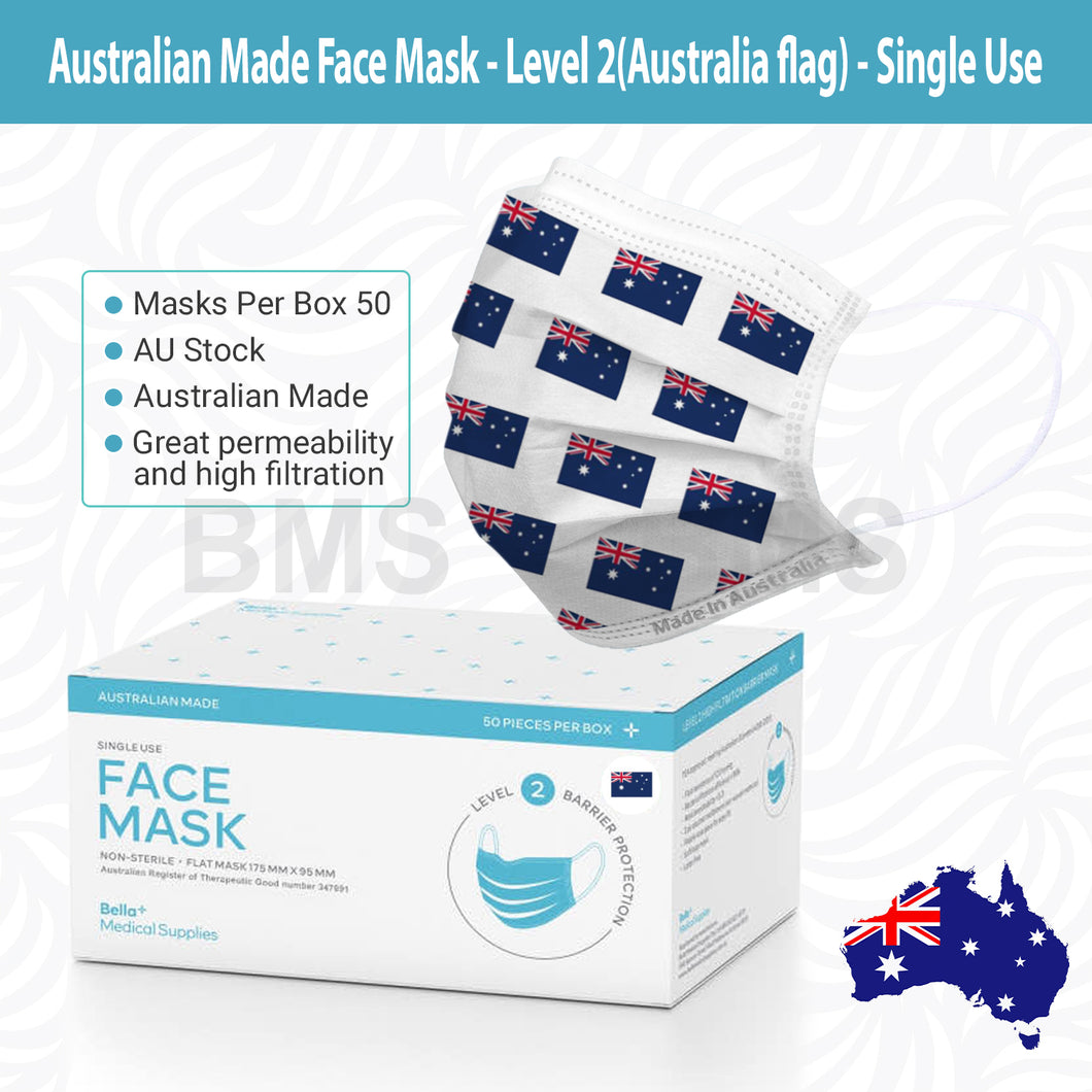 Australian Flags - Level 2 Single Use Face Mask 50 Masks Per Box