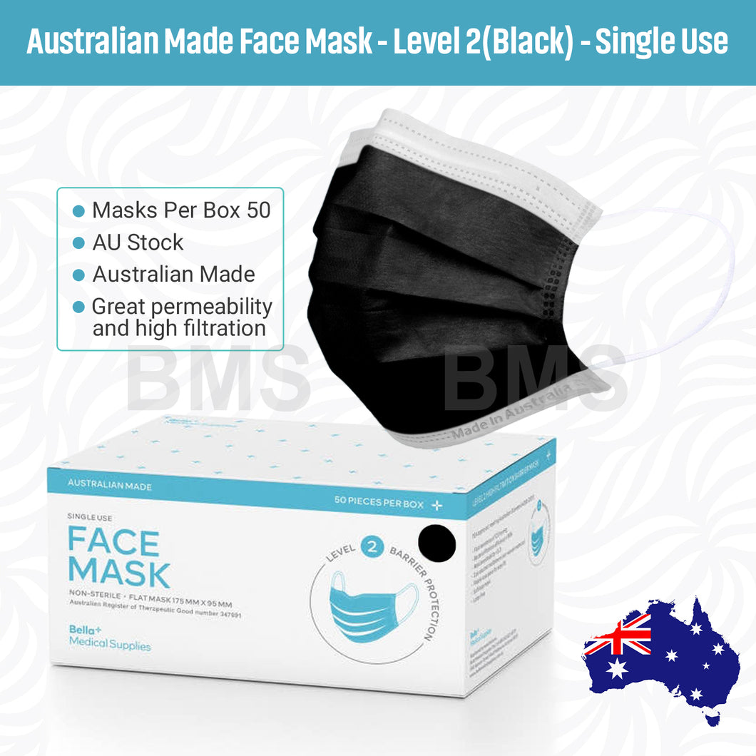 Black - Level 2 Single Use Face Mask 50 Masks Per Box