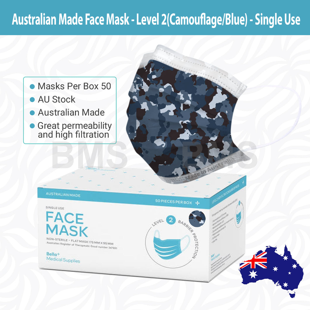 Blue Camouflage - Level 2 Single Use Face Mask 50 Masks Per Box
