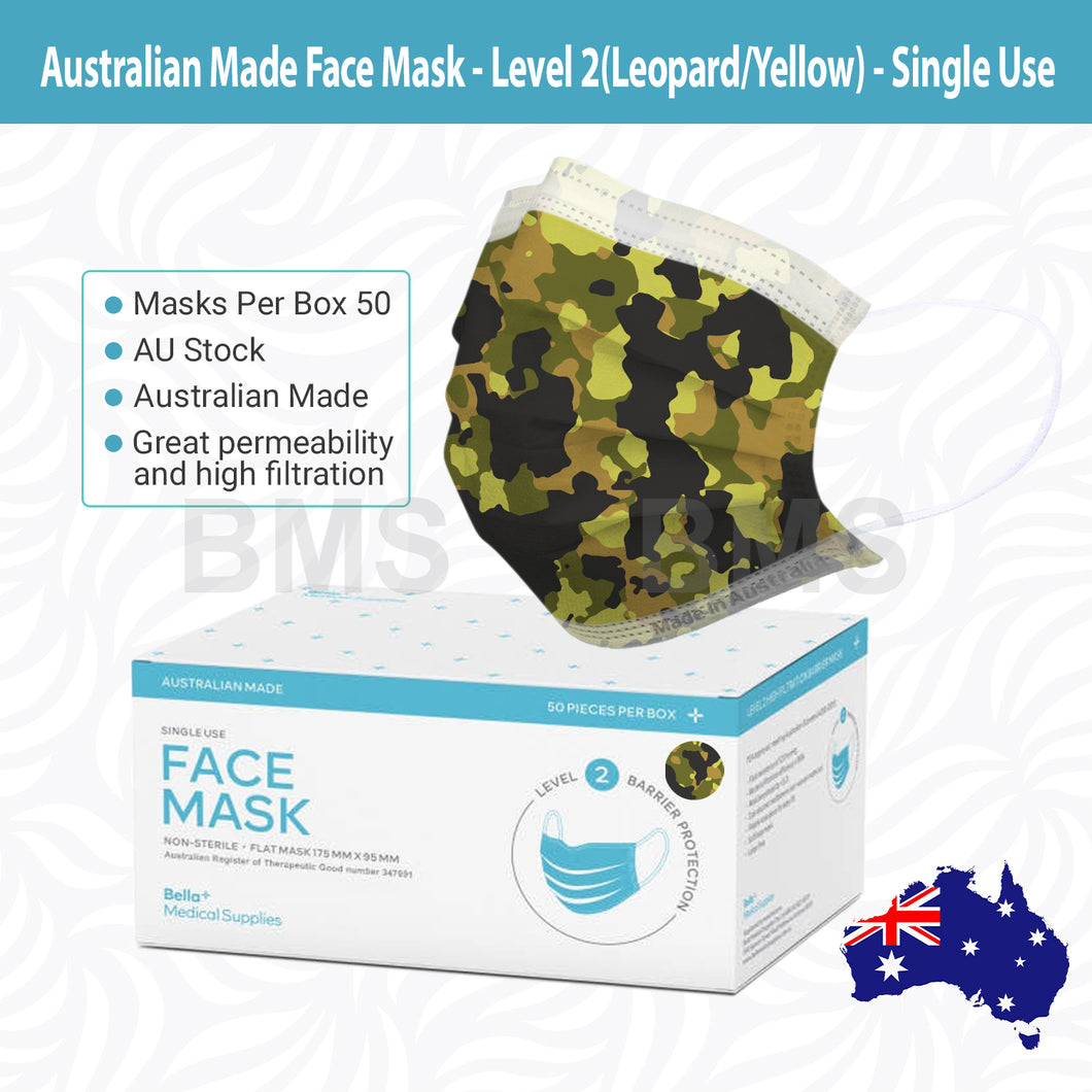 Yellow Camouflage - Level 2 Single Use Face Mask 50 Masks Per Box