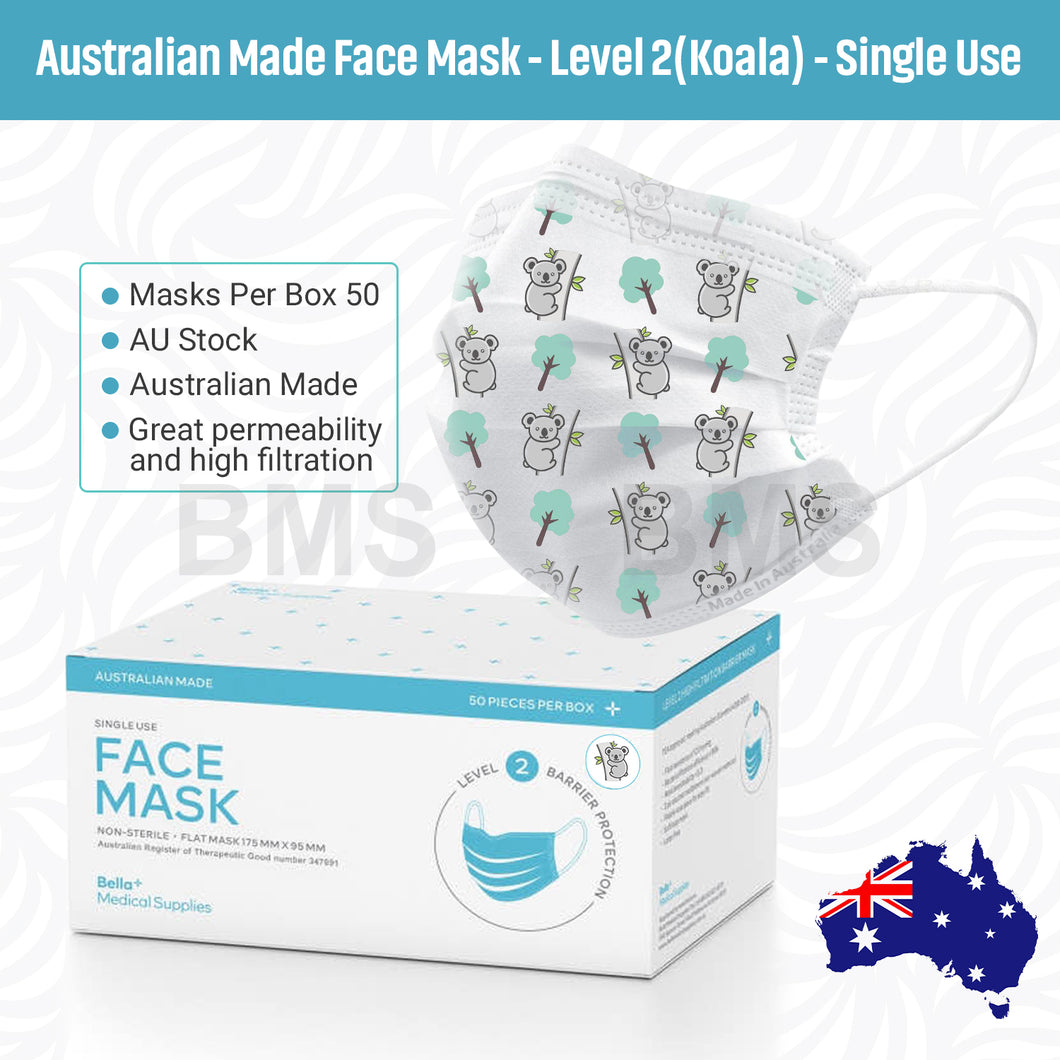 Koala Print- Level 2 Single Use Face Mask 50 Masks Per Box