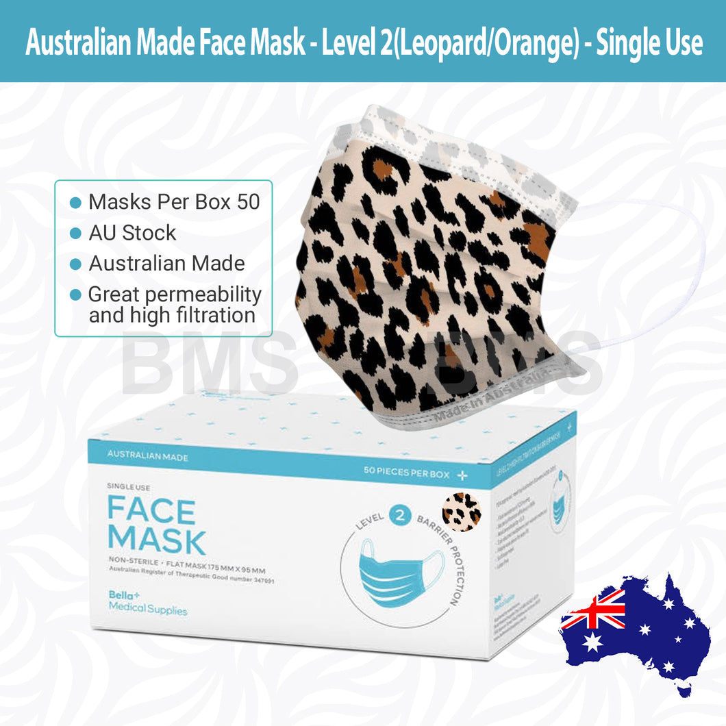 Orange Leopard - Level 2 Single Use Face Mask 50 Masks Per Box