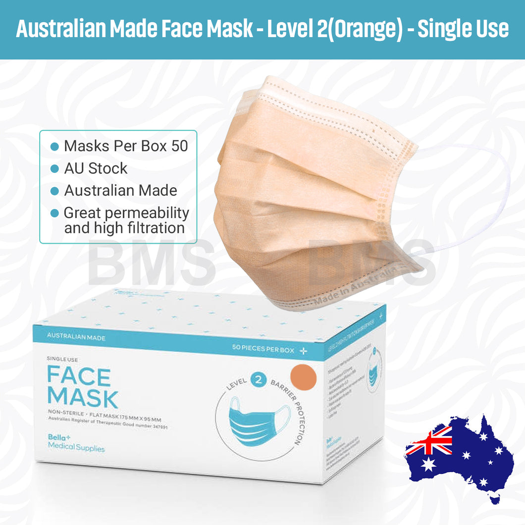 Orange - Level 2 Single Use Face Mask 50 Masks Per Box