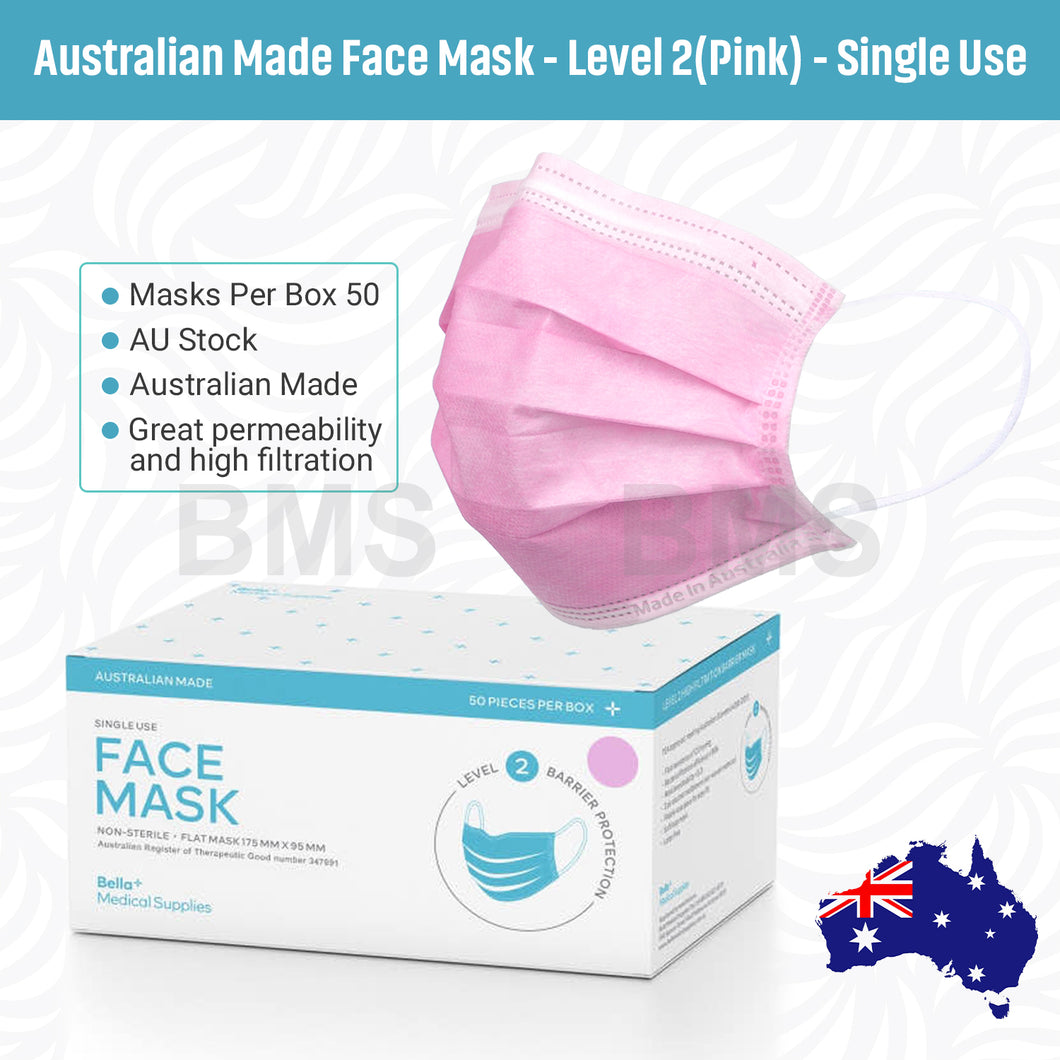 Pink - Level 2 Single Use Face Mask 50 Masks Per Box